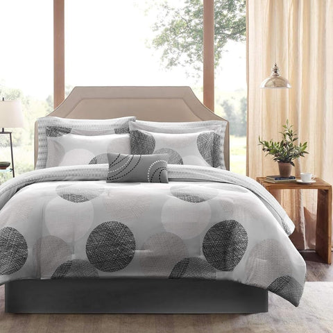 Oakestry 9 Piece Bed in a Bag Comforter Silky Soft Vibrant Design All Season Complete Cotton Sheet Set Geometric Pattern King Size 104 X 92 Inches Knowles Circular Grey