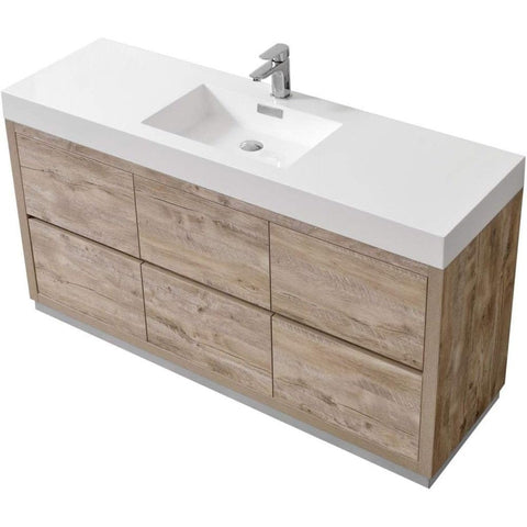 Oakestry Bliss 60 Inch Nature Wood Single Sink Freestanding Modern Bathroom Vanity with Acrylic Basin and Soft Close Push Open Drawers