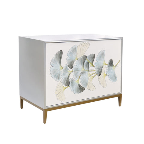 Pasargad Home Annabelle Silver Nightstand, 2 Floral Drawers & Bronze Metal Frame - Cabinets for Living Room, Home Office, Bedroom, Silver/Ivory