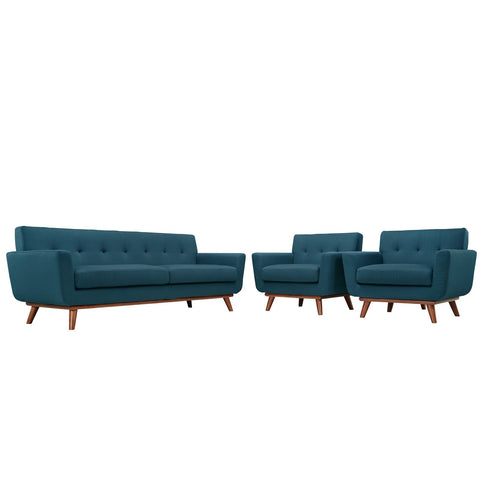 Modway Engage Mid-Century Modern Upholstered Sofa and Armchairs in Azure, Set of 3