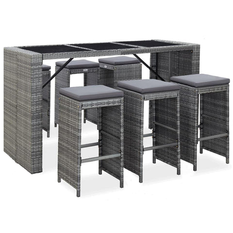 vidaXL Patio Bar Set 7 Piece, Outdoor Bar Table Set with Glass Tabletop, Patio Furniture Set with Cushions, Conversation Set, Poly Rattan Gray