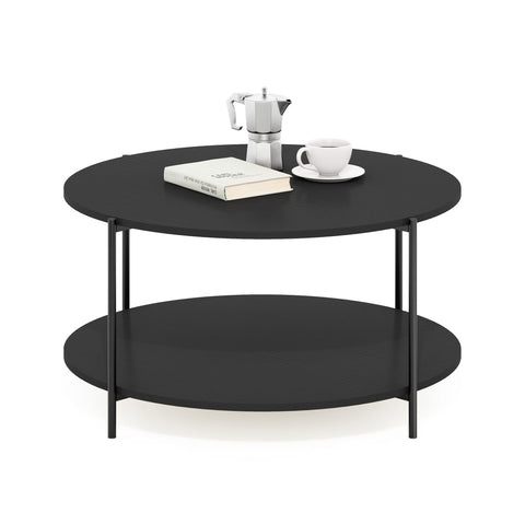 Furinno BESI Coffee Table, 2-Tier Round Modern Coffee Table with Storage, Shelf and Metal Legs, for Living Room, Dark Americano