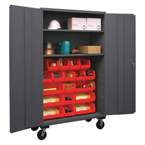 Durham 3502M-BLP-18-2S-1795 Lockable Mobile Cabinet with 18 Red Hook-On Bins, 2 Adjustable Shelves, Flush Door Style, 48" Wide, 14 Gauge, Gray