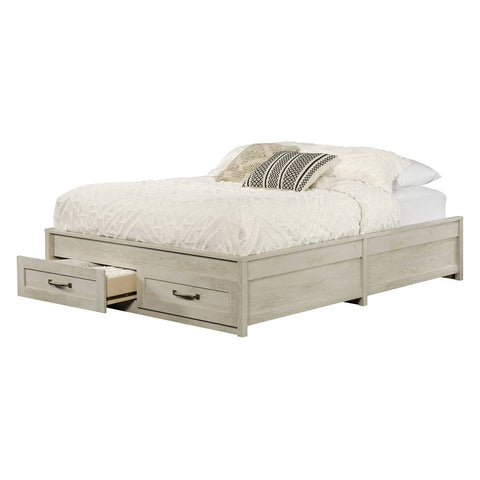 Fast Furnishings Queen Farmhome Platform Bed with Storage Drawers in Off-White Wood Finish