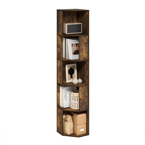 Furinno ECON Corner Shelf, 5-Tier Corner Book Shelf, Standing Storage Shelves, Cube Display Rack, Bookshelf, for Organization and Storage, Living Room, Home Office, Amber Pine