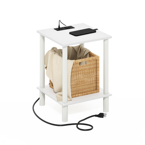 Furinno Turn-N-Tube Side Table, 2-Tier Square End Table with Charging Station, Night Stand, Bedside Table with USB and Type-C Charging Port, for Living Room, Bedroom, White