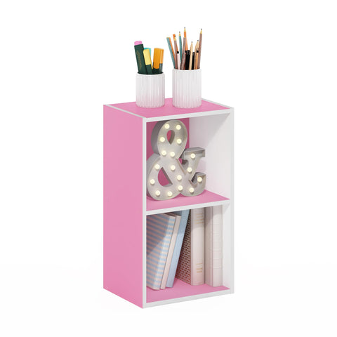 Furinno PASIR Book Shelf, 2-Tier Modern Bookshelf, Open Shelves Bookcase 9 x 12 x 21, Easy Assembly, for Living Room, Bedroom, Home Office, Pink/White