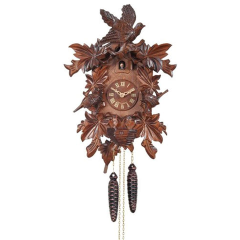 River City Clocks 13-16 One Day Hand-Carved Cuckoo Clock with Seven Maple Leaves, Three Birds, and Nest, 16-Inch Tall