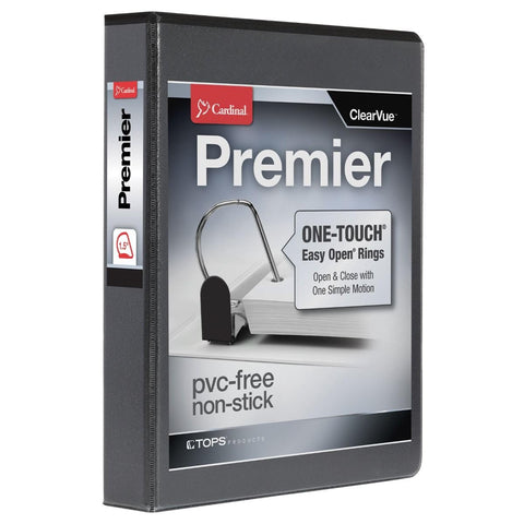 Cardinal 3 Ring Binder, 1.5 Inch Premier Easy Open Binder, ONE-TOUCH Locking Slant-D Rings, 400-Sheet Capacity, ClearVue Cover, PVC-Free, Black (10311)