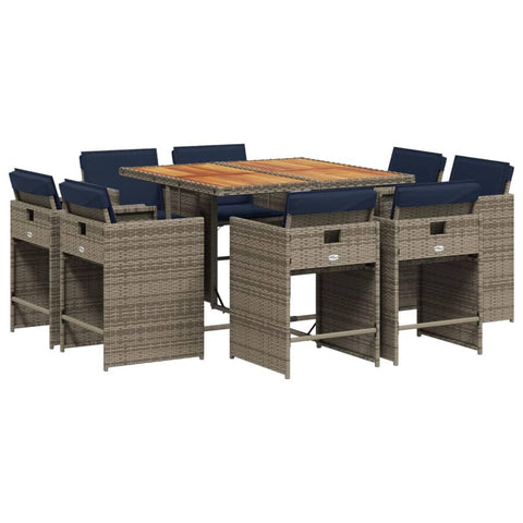 vidaXL Patio Dining Set 9 Piece Gray Poly Rattan with Cushions - Garden/Patio/Deck/Backyard Furniture - Acacia Wood Table & Foldable Chairs - Comfortable & Easy to Clean