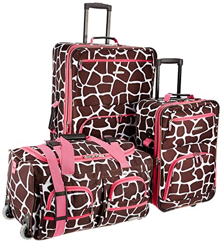 Rockland Vara Softside 3-Piece Upright Luggage Set,Expandable, Pink Giraffe, (20/22/28)