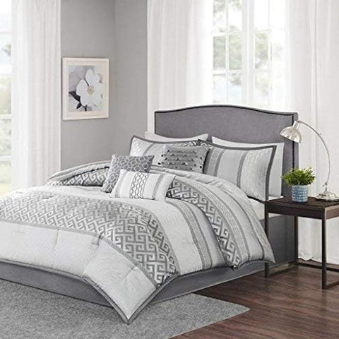 Oakestry 7-Piece Luxury Comforter Set Geometric Pattern All Season Comfort with Matching Shams Decorative Pillows, Bennett, Geometric Grey