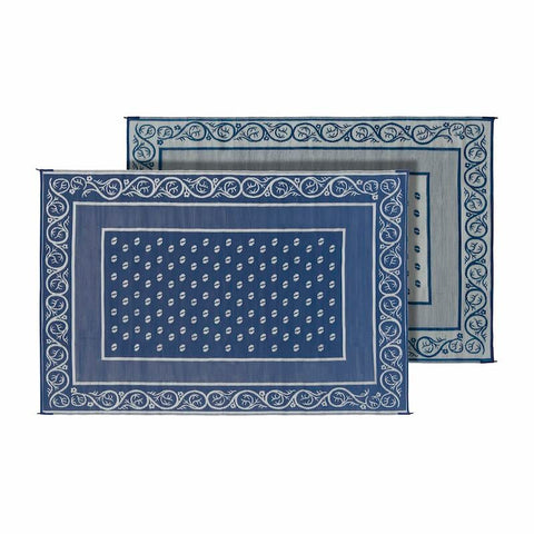 Faulkner Patio Mat 48701S, Vineyard Design, 12 Foot Length x 9 Foot Width, Blue; Polypropylene, Reversible Fabric, Without Grommets, with Storage Bag/Corner Tie-Downs