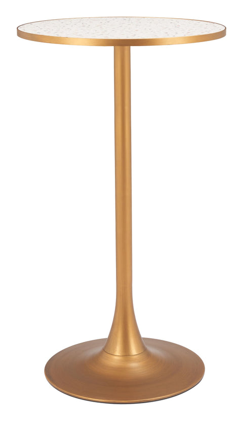 Bite Bar Table Beige & Gold, Multicolor Bar Table, Modern Style, Faux Terrazzo MDF Round Shape Tabletop, Steel, Indoor Bar, 23.8" W x 23.8" D x 41.7" H