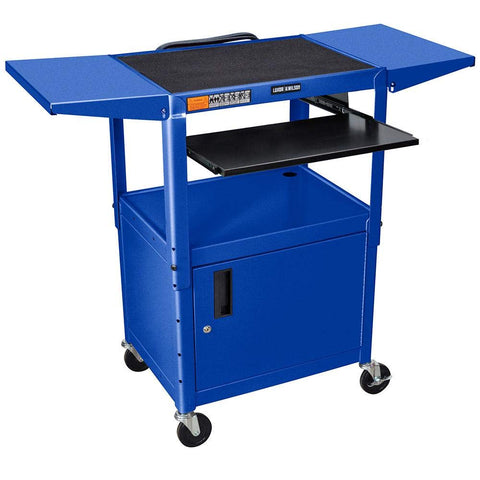 LUXOR AVJ42KBCDL-RB Steel AV Cart with Adjustable-Height, Pullout Keyboard Tray, Storage Cabinet, and Drop Leaf Shelves, 24" to 42" Height, 3 Outlet Electrical Assembly, Blue