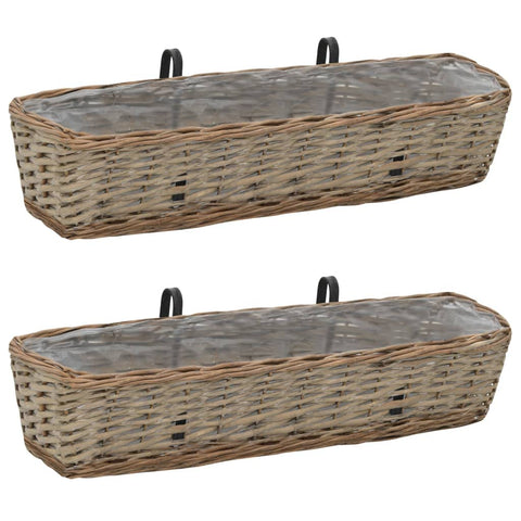 vidaXL Handcrafted Wicker Balcony Planters with PE Lining, Set of 2 - Brown Rectangular Railing Plant Pots for Outdoor Gardens and Patios