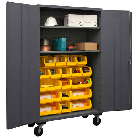 Durham 3502M-BLP-18-2S-95 Lockable Mobile Cabinet with 18 Yellow Hook-On Bins, 2 Adjustable Shelves, Flush Door Style, 48" Wide, 14 Gauge, Gray