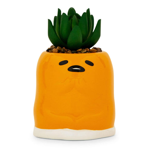 Toynk Sanrio Gudetama Meditation 3-Inch Ceramic Mini Planter with Artificial Succulent | Faux Indoor Plants for Desk Shelf