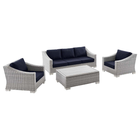 Modway Conway 4-Piece Outdoor Patio Wicker Rattan Furniture Set, 68 x 150 x 28, Light Gray Navy