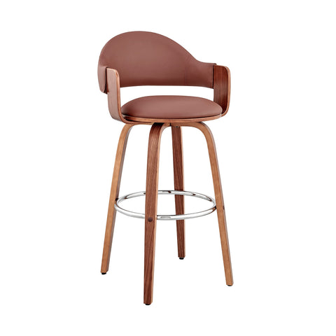 Armen Living Daxton Mid Century Modern Swivel Bar Stool for Kitchen Island Counter in Brown Faux Leather and Walnut Wood, 26" Seat Height