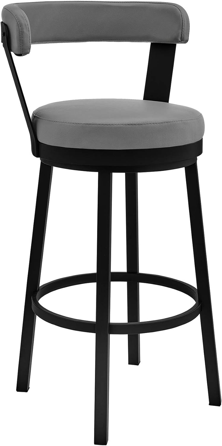 Armen Living Kobe 26" Counter Height Swivel Bar Stool in Black Finish and Grey Faux Leather