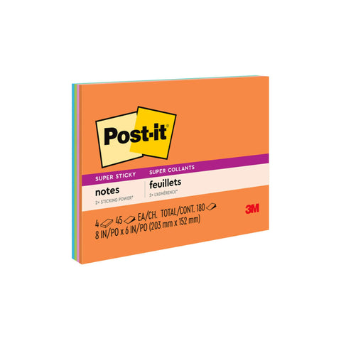 Post-it Super Sticky Notes, 8x6 in, 4 Pads, 2X The Sticking Power, Energy Boost Collection, Bright Colors, Recyclable (6845-SSP)