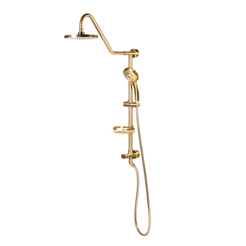 PULSE ShowerSpas Kauai III Brushed Gold Rain Shower Head with Handheld Spray - 1.8 GPM, 8" Showerhead, 5-Function HandShower, Adjustable Slide Bar - Shower Heads with Handheld Spray Combo