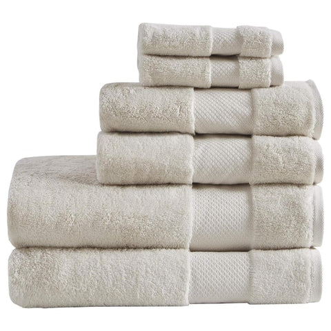 Oakestry 6-Pc Soft Linen Pure Cotton Thick Absorbent Luxury Quick Dry Low Twist Yarn Construction Turkish Bath Towel Set with Dobby Border for Bathroom, Assorted Sizes, Natural
