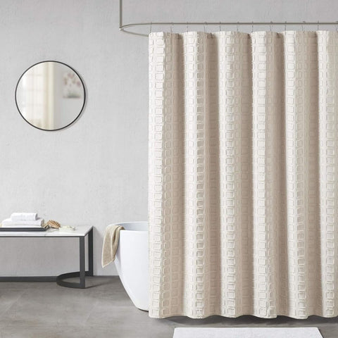 Oakestry Polyester Metro Woven Modern Geometric Design Shower Curtain for Bathroom Textured Clipped Designed Mid-Century Bathroom Decor, 72"X72", Sand