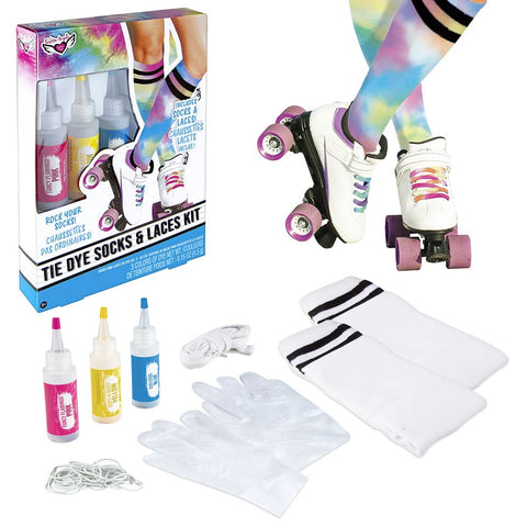 Fashion Angels Tie Dye Socks & Laces Kit - 1 Pair of Socks, 1 Pair of Laces, 3 Colors of Dye (Pink, Yellow, Blue), Rubber Bands, Latex Free Gloves - Easy to Do, Mess Free Fun - Ages 8 and Up