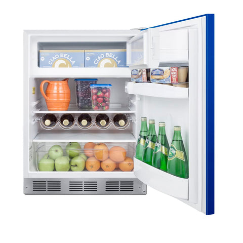 Undercounter 24 refrigerator-freezer for residential use with cobalt blue door stainless steel handle and black cabinet