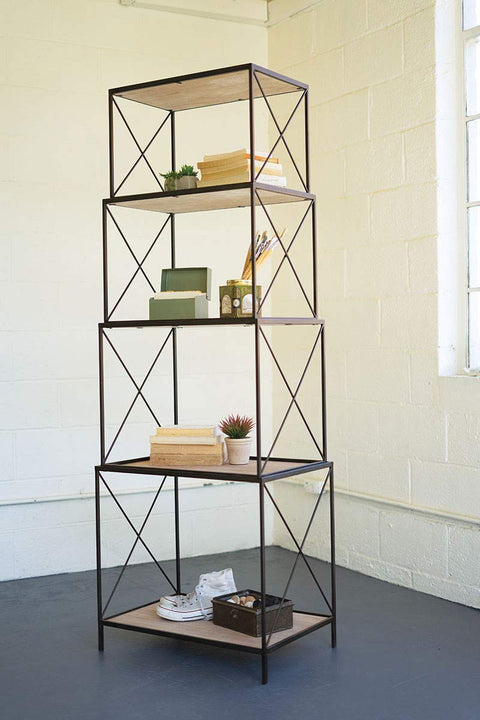 KALALOU CHW1201 Stackable Four Tiered Metal and Wood Shelving Unit