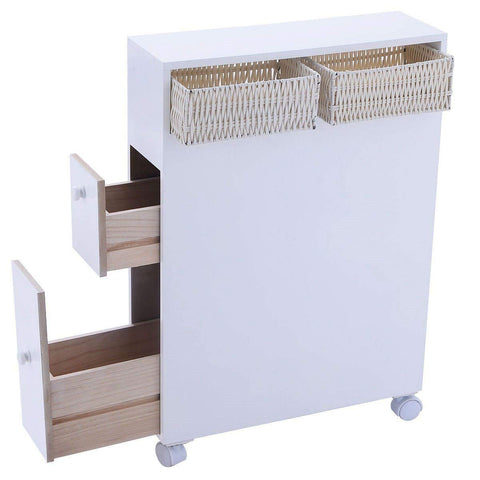 FastFurnishings White Bathroom Storage Floor Cabinet with Baskets and Casters