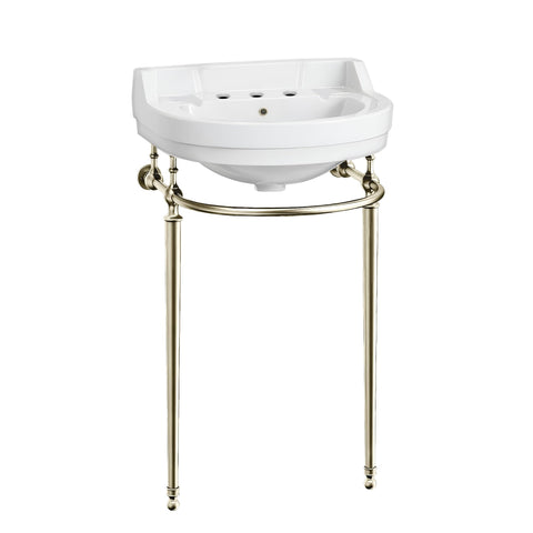 22 Inch Semi Circular Bowl Wall Mount Bathroom Vanity Sink with Brass Supporting Leg, 3-Hole Faucet Opening, Backsplash, Overflow and Included Front Towel Bar Rack, White with Polished Nickel Legs