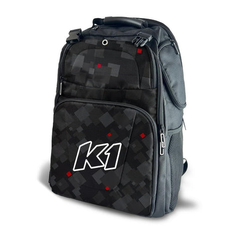 K1 RaceGear 33-QUE-NR Gear Bag, Quest Backpack, 12 in Long x 8.5 in Wide x 20 in Tall, Zipper Closure, Backpack, Laptop Compartment, K1 Logo, Polyester, Black/Gray/Red/White, Each