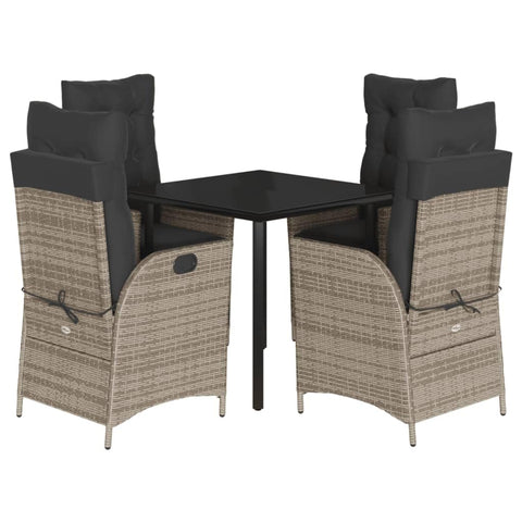 vidaXL 5 Piece Patio Dining Set - PE Rattan Adjustable Reclining Chairs, Gray Cushions, Black Tempered Glass Table for Outdoor/Garden/Patio