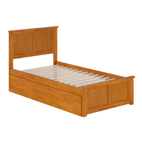 Madison Twin Solid Wood Platform Bed with Matching Footboard & Storage Drawers in Light Toffee