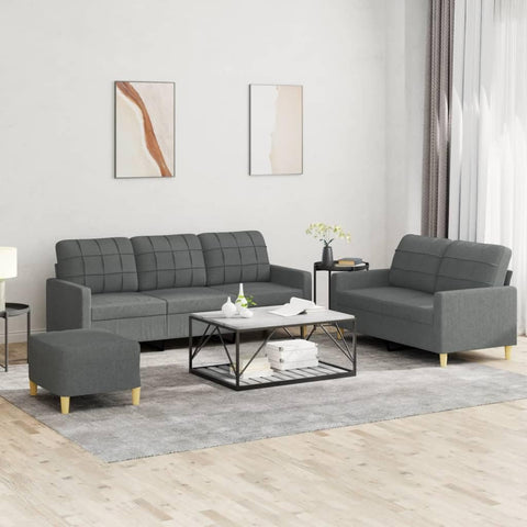 vidaXL 3 Piece Sofa Set with Breathable Dark Grey Fabric, Thick Padded Seats, Armrests and Back Pillow, Sturdy Plywood and Metal Frame, Includes Versatile Footstool