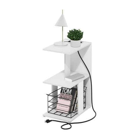 Furinno BOYATE Side Table, 2-Tier End Table with Charging Station, Open Shelf Night Stand, Bedside Table with USB and Type-C Charging Port, for Living Room, Bedroom, White