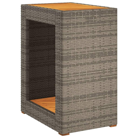 vidaXL Modern Grey Garden Side Table with Wooden Top 23.6x15.7x29.5 in Poly Rattan and Steel Frame Weather Resistant Outdoor Furniture Balcony Small Patio Coffee Wicker Rectangular Acacia Wood