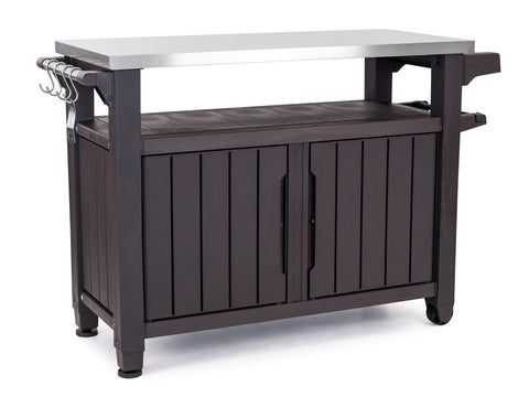 Keter Outdoor Rolling Table Cart for Food Prep, Storage, Bar & Grill, Dark Brown - Portable Kitchen Island Tabletop with Wheels for Drinks, Snacks, and Cooking
