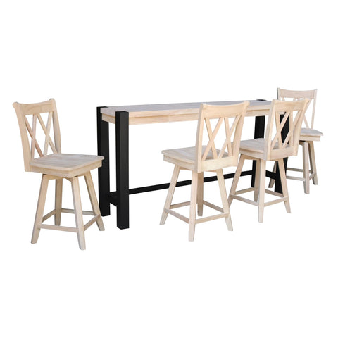 International Concepts Unfinished Solid Wood Tall Accent Table with Black Iron Legs and Four Stools
