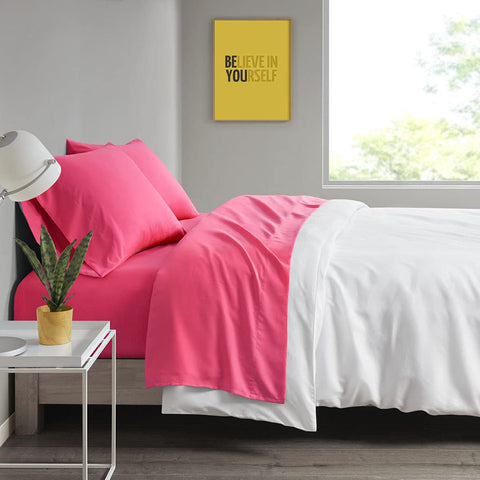 Intelligent Design Microfiber Bed Sheet Set Wrinkle Resistant, Soft Sheets with 12" Pocket, Modern, All Season, and Cozy, Matching Pillow Case, Full, Pink, 4 Piece