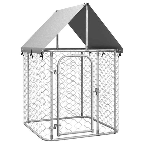 vidaXL Outdoor Dog Kennel with Roof - Silver Galvanized Steel Pet Crate Pen Cage, UV-Protective Canopy, Safety Lock, Ventilated