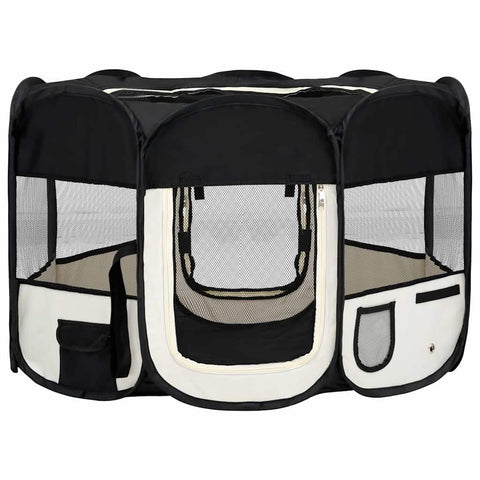 vidaXL Dog Playpen Black and Cream Polyester and Steel Medium Foldable