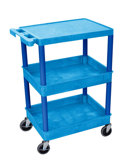 Luxor BUSTC211BU Multipurpose Utility Cart with Flat Top Shelf and Tub Middle and Bottom Shelves, 300 lbs. Capacity, Blue