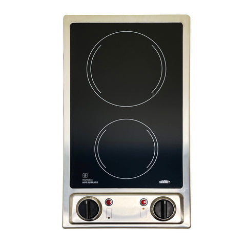 Summit CR2B120 12-inch Wide 115V 2-Burner Radiant Electric Cooktop, Jet Black Glass Easy to Clean, Two Burner Total 2400W, Push-to-Turn Knob Control, Indicator Light, Hot Warning, Easy Plug-In