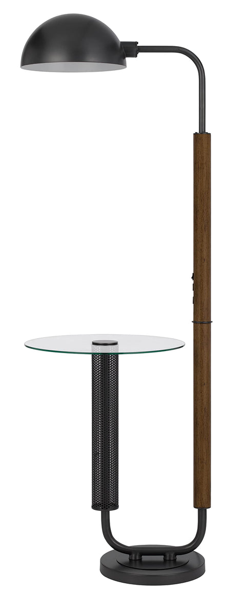 Cal Lighting BO-3129FL 100W Keyser Metal/Rubber Wood Floor Lamp with Glass Tray Table and Metal Shade. Equipped with 1 USB and1 USB-C Charging Ports