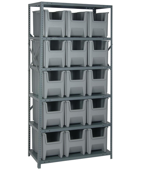 Quantum Storage Systems QSBU-600GY Solid Heavy Duty 6 Shelves 15 Giant Stack Gray Bins 75" H x 36" W x 18" D