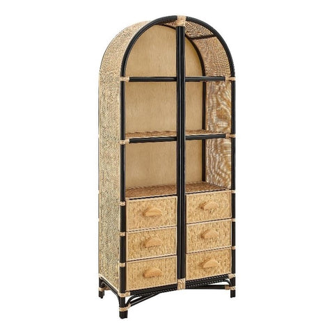 Modway Tall Arched 71 Inch Wood and Natural Rattan Bookcase with Storage in Natural Black – Tall Bookshelf Cabinet with 6 Drawers and 3 Open Shelves, for Living Room or Bathroom